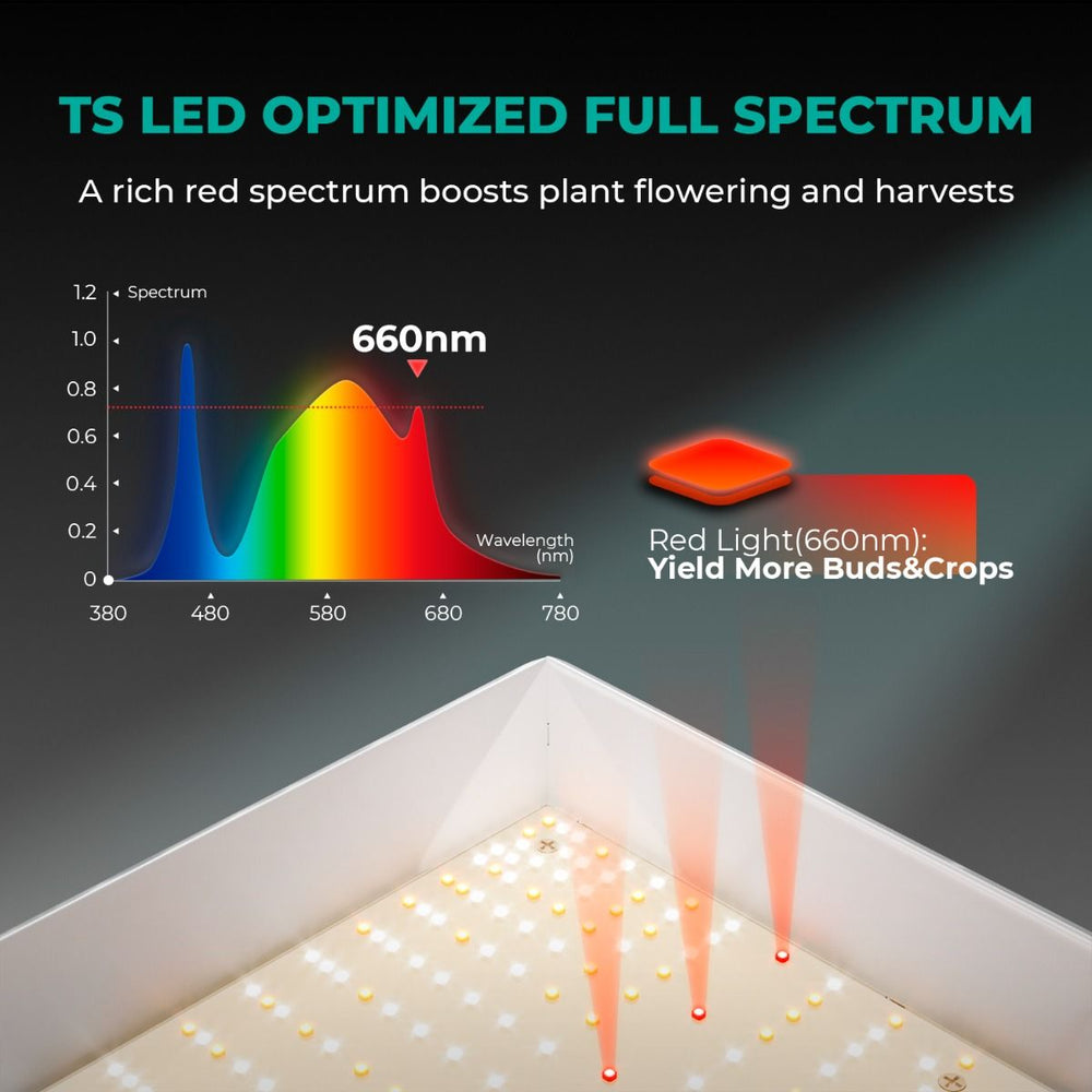Mars Hydro TS1000 2.6' × 2.6' Complete Grow Tent Kit – Efficient All-in-One Indoor Growing System TS LED optimized full spectrum light with red light (660nm) highlighting for plant growth.