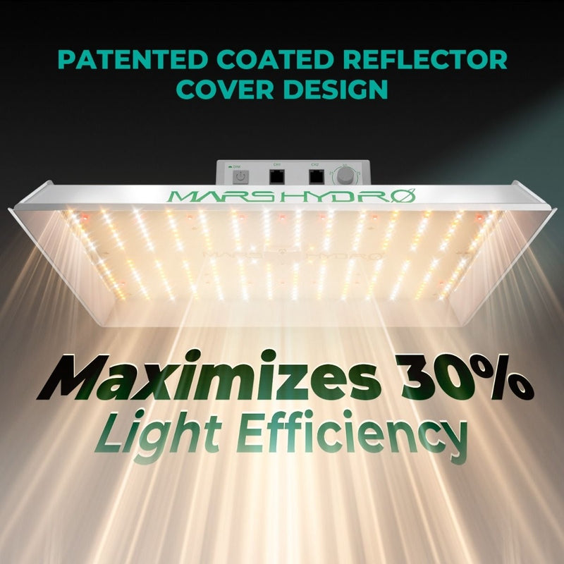 Mars Hydro TS1000 Grow Tent Kit – Smart 2.6'x2.6' Complete Indoor Setup Mars Hydro LED grow light with text highlighting patented design and light efficiency