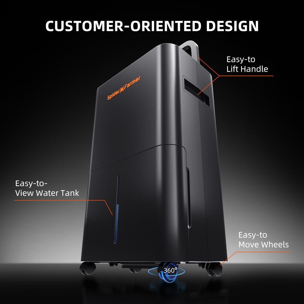 Spider Farmer 32-Pint Dehumidifier – Smart Humidity Control for Grow Tents Black dehumidifier with features highlighted on a dark background