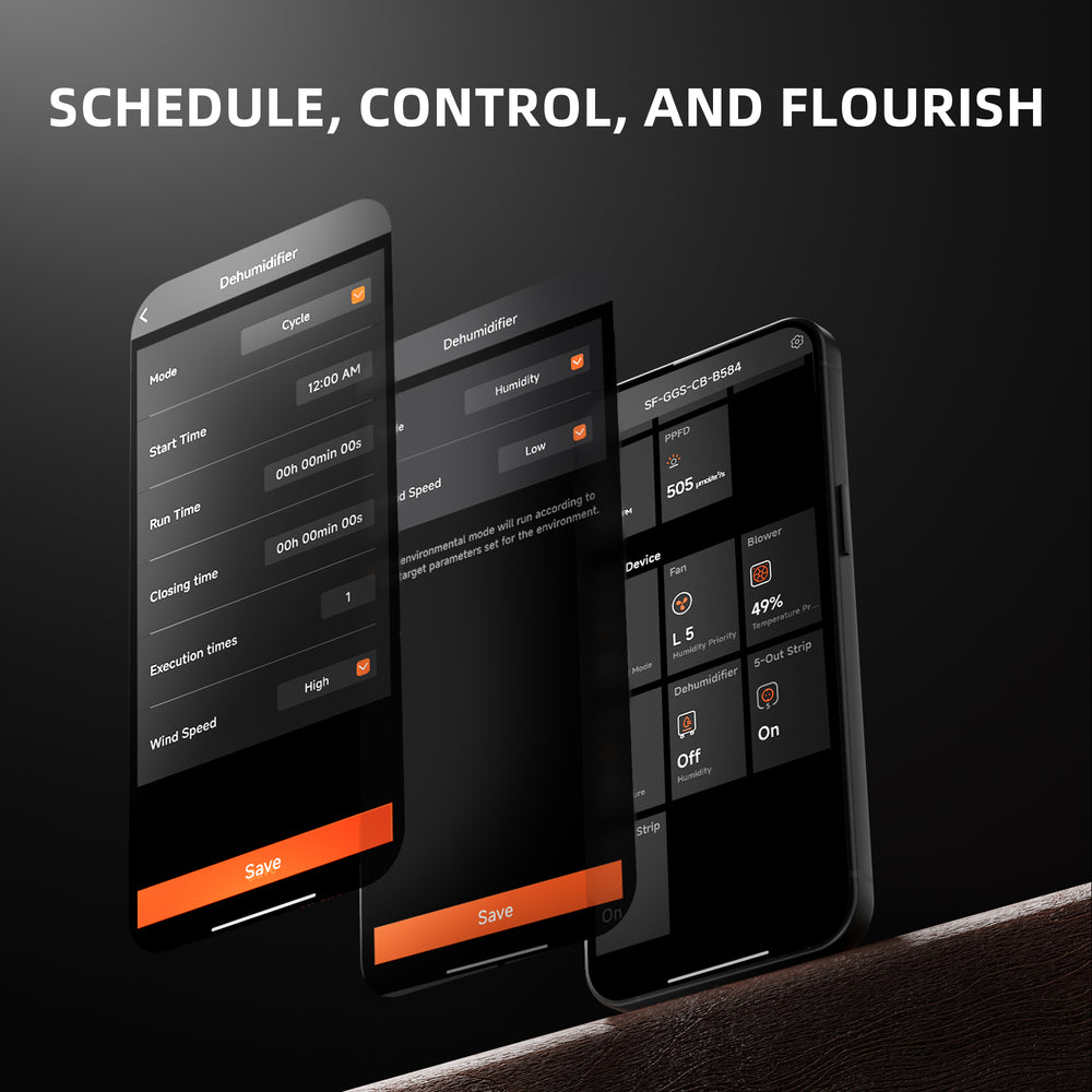 Spider Farmer 32-Pint Dehumidifier – Smart Humidity Control for Grow Tents Three smartphone screens displaying app interfaces with text 'Schedule, Control, and Flourish' on a dark background.
