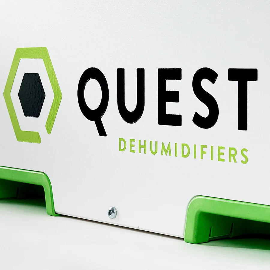 Quest 335 Dehumidifier close up of logo on a white background