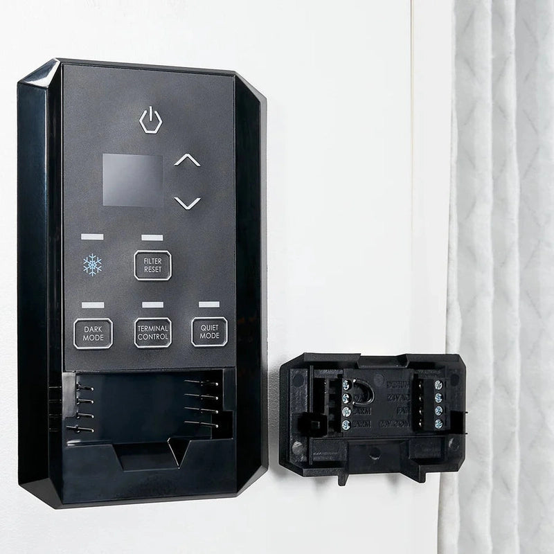 Quest 225 208/230V Dehumidifier Black electronic control panel with buttons and display on a white background