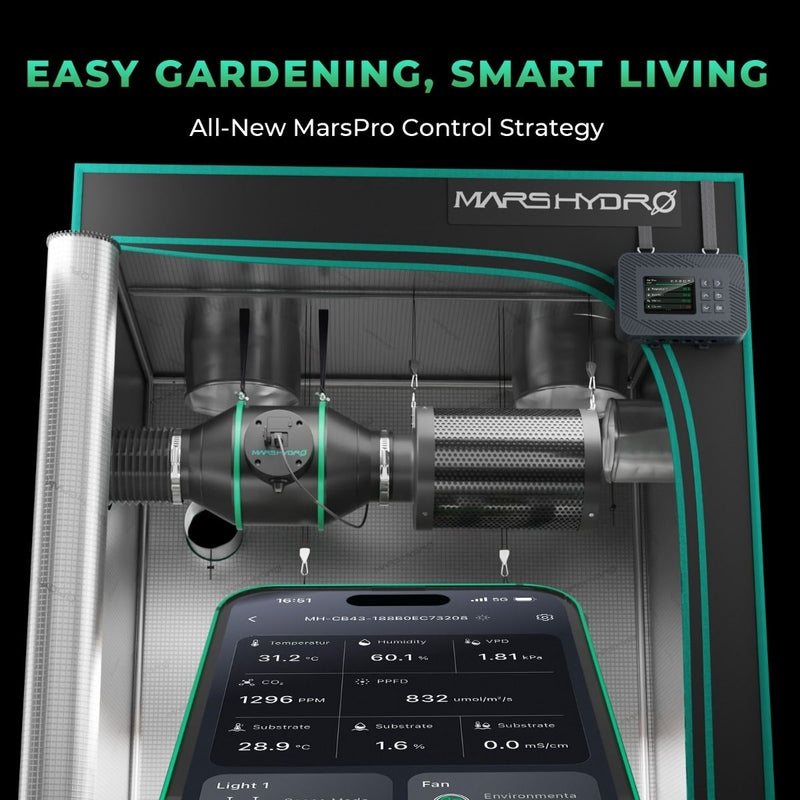 Mars Hydro TSL2000 Grow Tent Kit Mars Hydro greenhouse control system with smartphone app interface on a black background