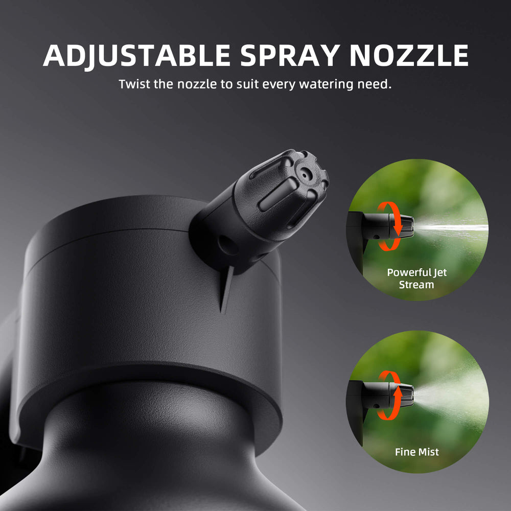 Spider Farmer Electric Spray Bottle Adjustable spray nozzle with two water spray modes on a dark background