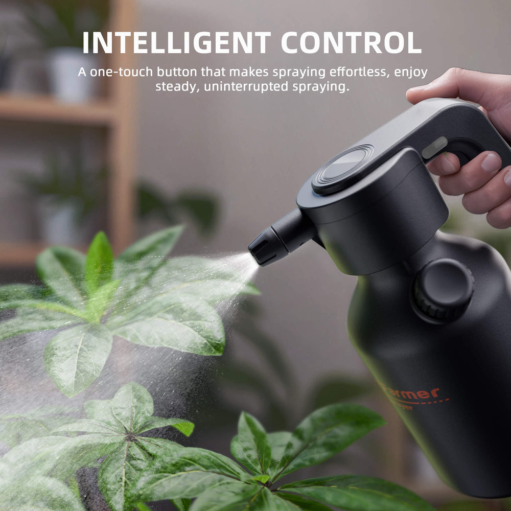 Spider Farmer Electric Spray Bottle with a Person using a black spray bottle to water plants with text about intelligent control.
