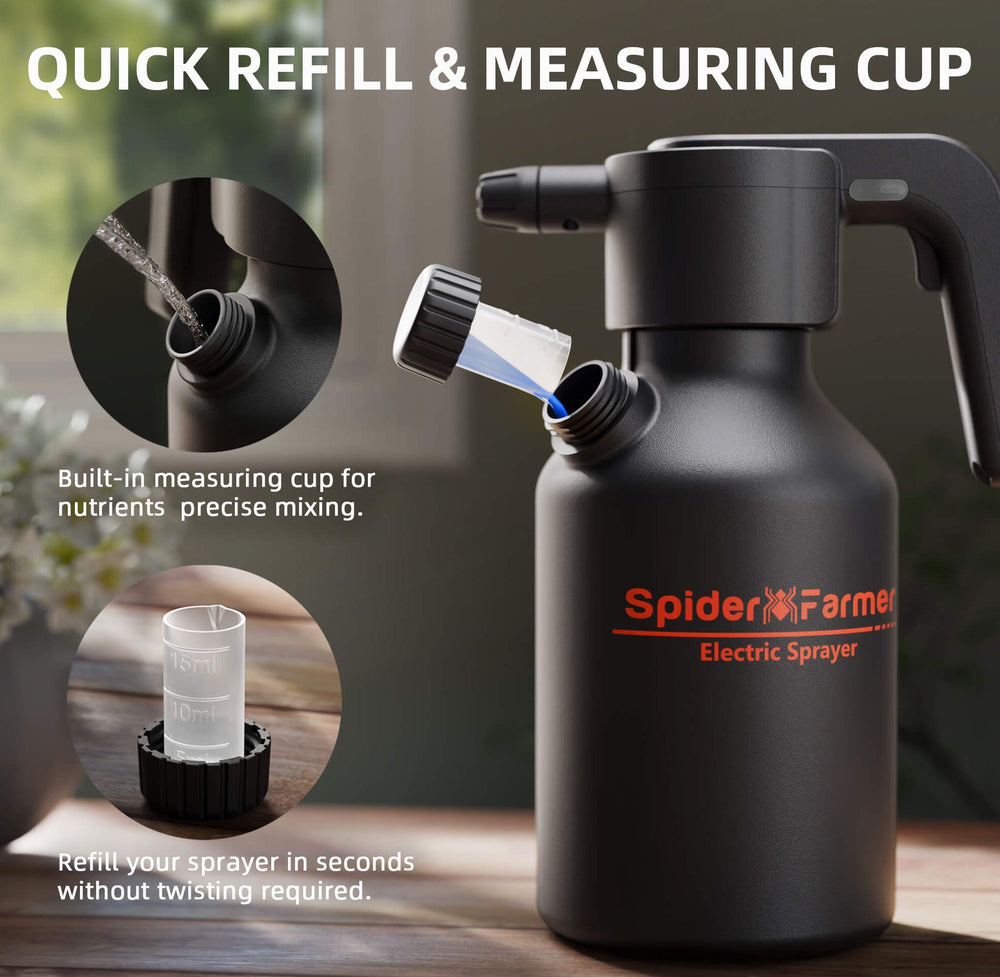 Spider Farmer Electric Spray Bottle with measuring cup feature, branded 'Spider Farmer', on a blurred background.