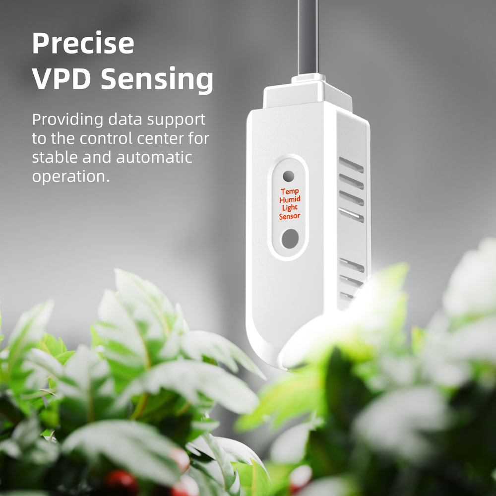 Spider Farmer 4x4x6.5 Grow Tent Kit – SF4000 EVO LED, Humidity and APP GGS Controller White sensor device with text about VPD sensing in a plant setting