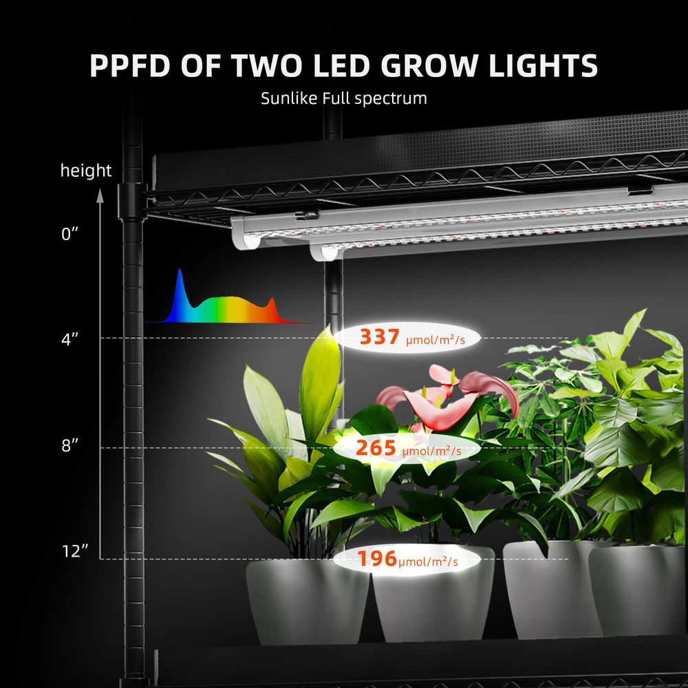 Spider Farmer 4-Tier Plant Stand with Grow Lights (108W) & 1680D Grow Tent ppfd of two led grow lights 
