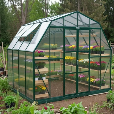 Grandio Summit Greenhouse with plants in a garden setting