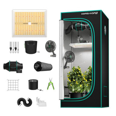 Mars Hydro TS1000 2.6' × 2.6' Complete Grow Tent Kit – Efficient All-in-One Indoor Growing System indoor grow tent with LED light panel, fans, and other gardening tools on a white background