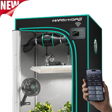 Mars Hydro TS1000 150W 2.6' x 2.6' Smart Grow Tent Kit – iControl System grow tent with smartphone control on a white background