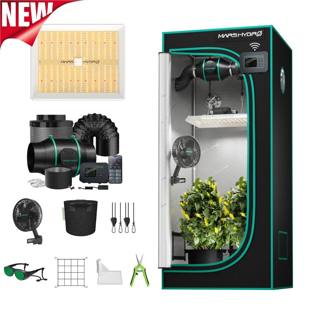 Mars Hydro TS1000 150W 2.6' x 2.6' Smart Grow Tent Kit – iControl System MaysHydro indoor grow kit bundle featuring a black grow tent with teal trim, LED light panel, ducts, fans, accessories, and plants inside, shown on a white background with a red 'NEW' banner.