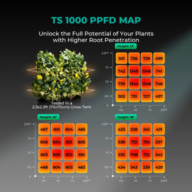 Mars Hydro TS1000 2.6' × 2.6' Complete Grow Tent Kit – Efficient All-in-One Indoor Growing System TS 1000 PPFD Map for plant growth with a dark background