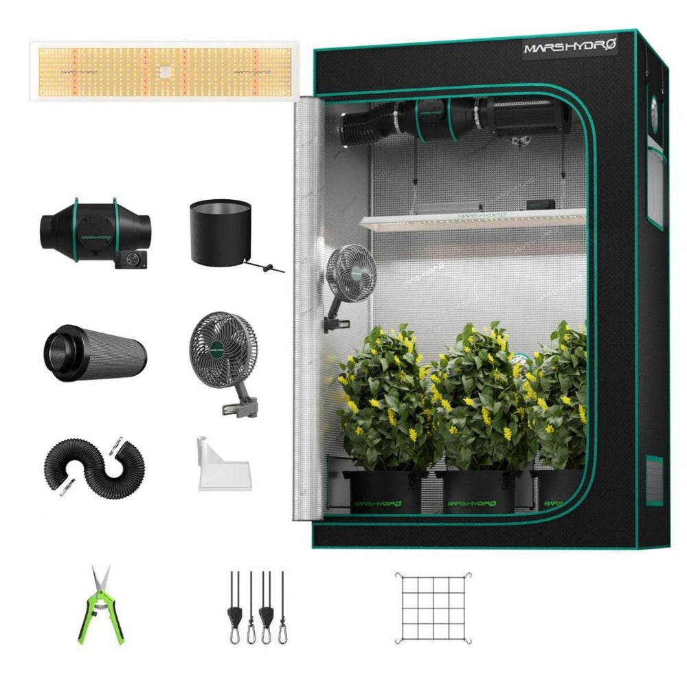 Mars Hydro TSL2000 300W LED 2x4 Complete Grow Tent Kit indoor grow kit shown on a white background with the main grow tent on the right and several included accessories arranged to the left: a diffuser, fan, hose, mounting bracket, gridded sheet, plant hooks, and a green-handled tool. The tent is open, with three potted green plants inside and the brand name Mars Hydro visible on the top right.