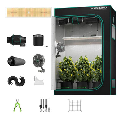 Mars Hydro TSL2000 300W LED 2x4 Complete Grow Tent Kit indoor grow kit shown on a white background with the main grow tent on the right and several included accessories arranged to the left: a diffuser, fan, hose, mounting bracket, gridded sheet, plant hooks, and a green-handled tool. The tent is open, with three potted green plants inside and the brand name Mars Hydro visible on the top right.