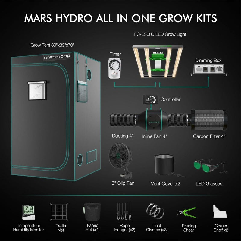 Mars Hydro FC-E3000 LED Grow Light + 3.3'x3.3' Grow Tent Kit – Full Spectrum, Indoor Grow System