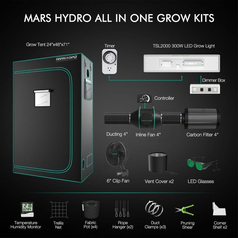 Mars Hydro TSL2000 300W Grow Tent Kit – Full Spectrum LED, 2x4 ft Indoor Grow Setup